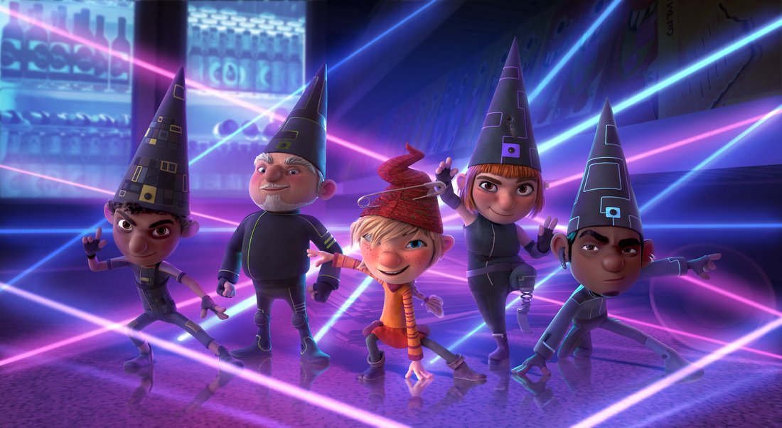Animated characters pose heroically in a neon laser-filled room.