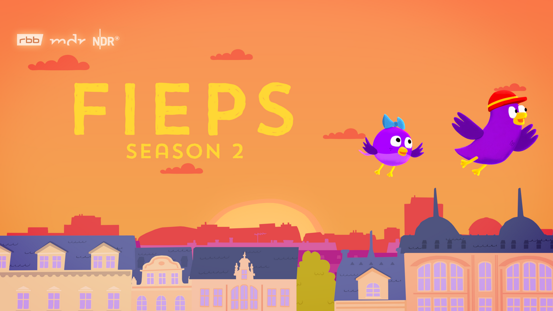 Fieps and Pieps - two purple birds flying over a city