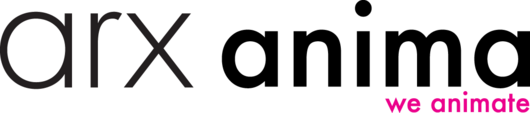 black lowercase lettering "arx anima", below in magenta "we animate"