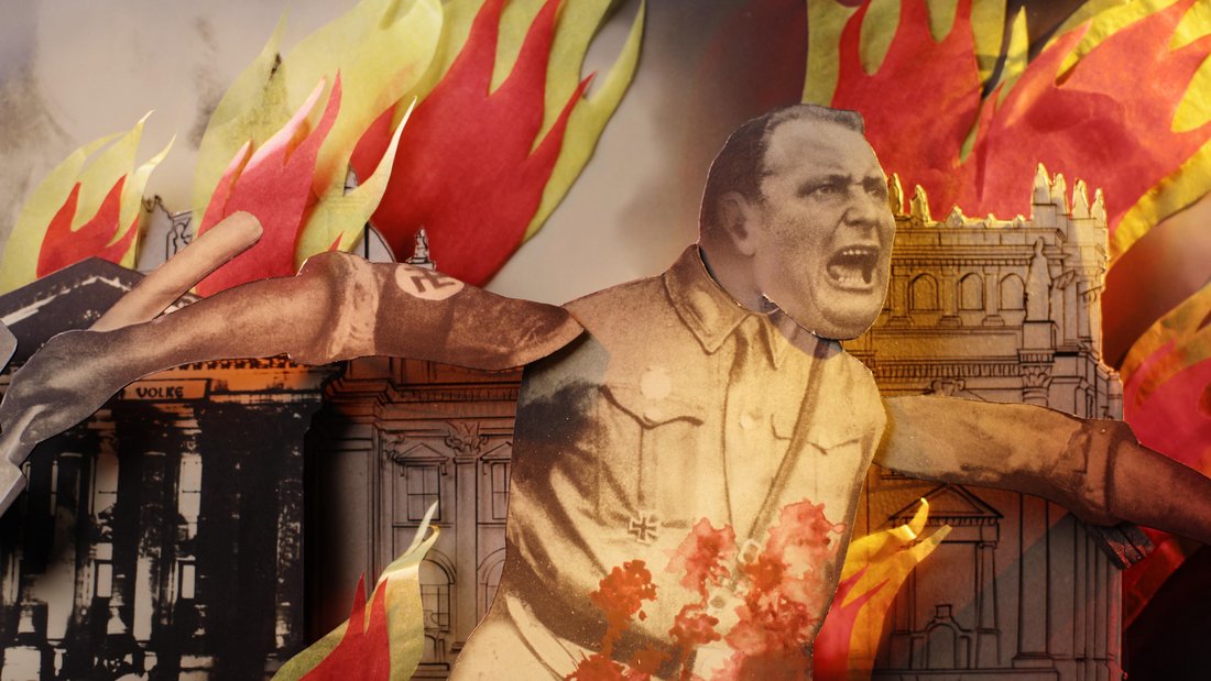 Goebbels in front of burning Reichstag, animated photomontage with flames