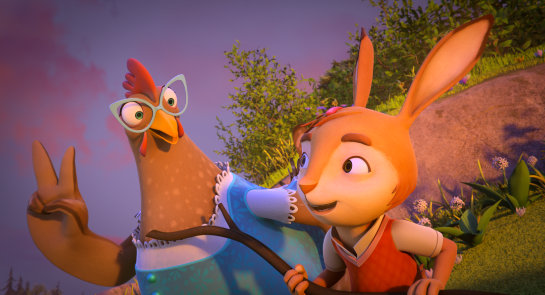 Rabbit Academy 2 - Still - A dressed up rabbit listening to his hen friend who wears glasses explaining something.