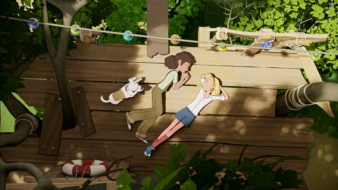 Two befriended girls (12 years) lying with their dog in the sun in a tree house.