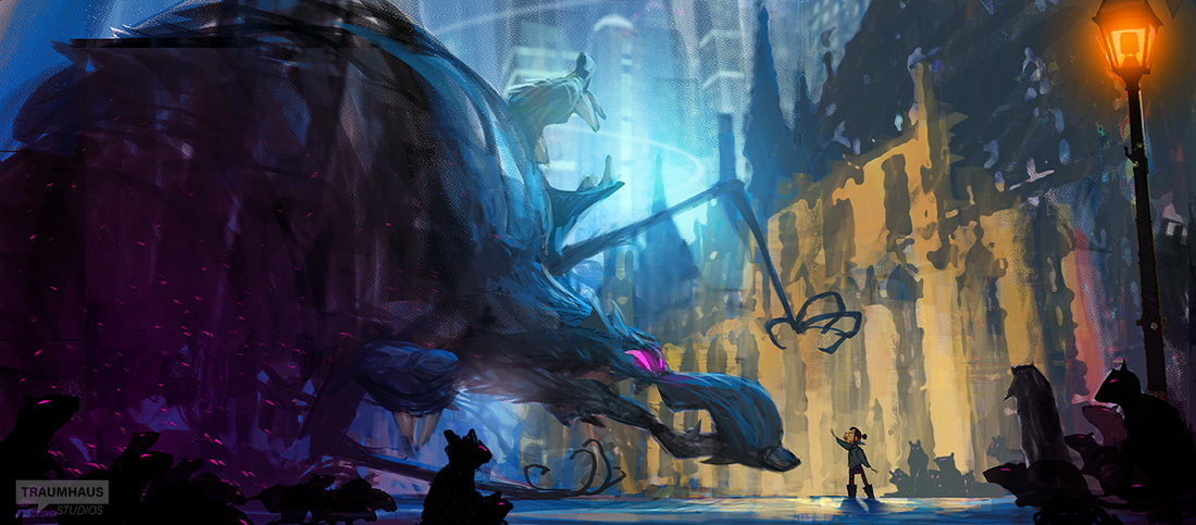 A young child in a dark futuristic world surrounded by rats about to touch a huge rat king.