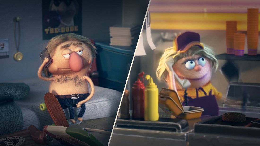 Delivery Hero - Still - A shirtless elderly guy in the left part of a split-screen ordering burgers from a delivery clerk of a fast food restaurant in the right part of the screen.