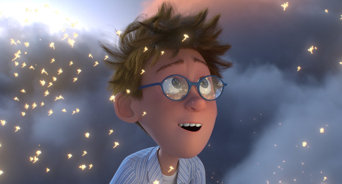 Moonbound - Still - A young scientist boy looking away with wonder in is eyes about tiny glowing flowers flying around him.