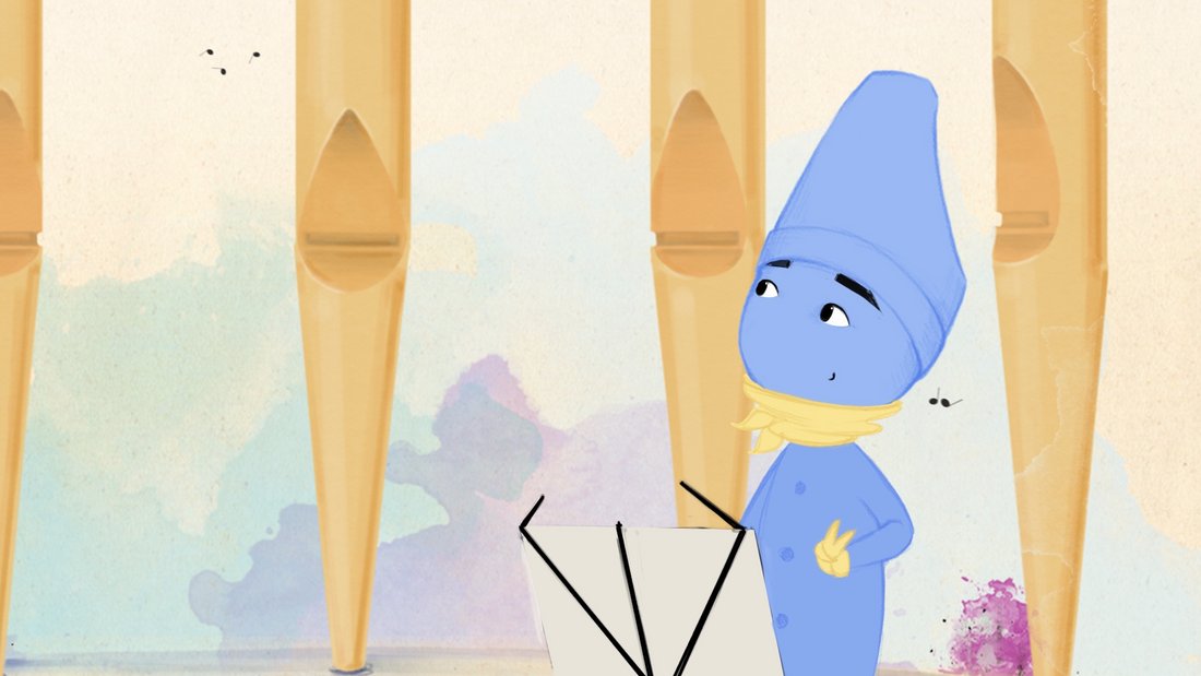 Piccolo Concerto - Still - A blue humanized flute standing in front of a music stand.