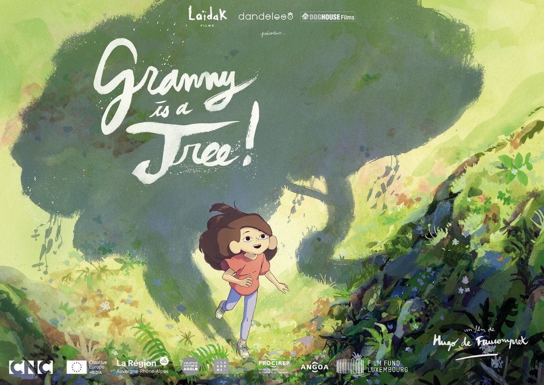 Granny Is A Tree - Still - An animated young girl looking up to the shadow of a big tree in a lush forest.