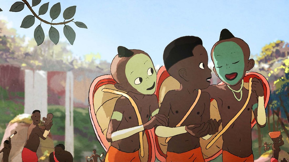 Sidi Kaba - Still - Three animated boys in Africa with body paint on walking away from a rural village.