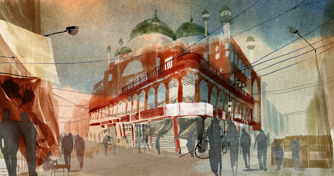 Sultanas Dream - Still - Drawing of a mosque towering above a busy middle eastern street.