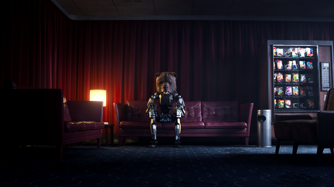 A robot with a bear head sitting on a couch next to a snack machine in a dark room.