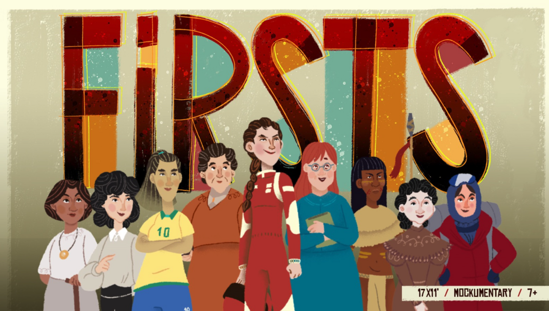 Women of different cultures and centuries standing together. In the back you see the series title.