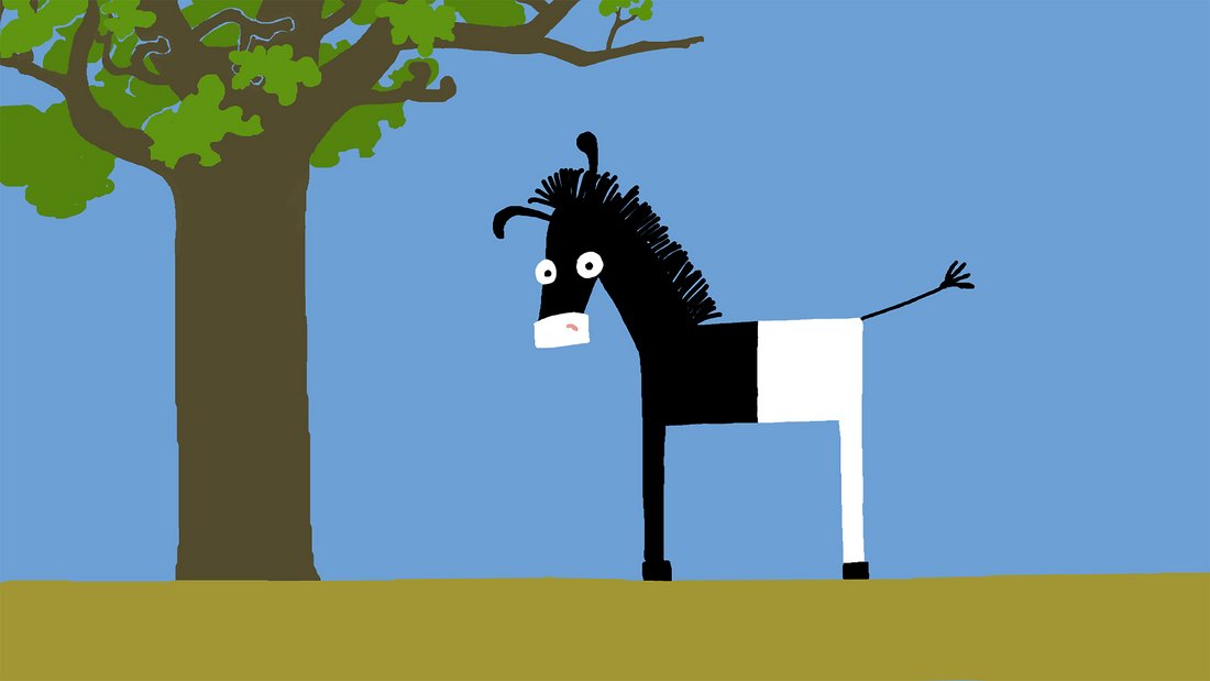 A zebra with a black front half and a white back half.