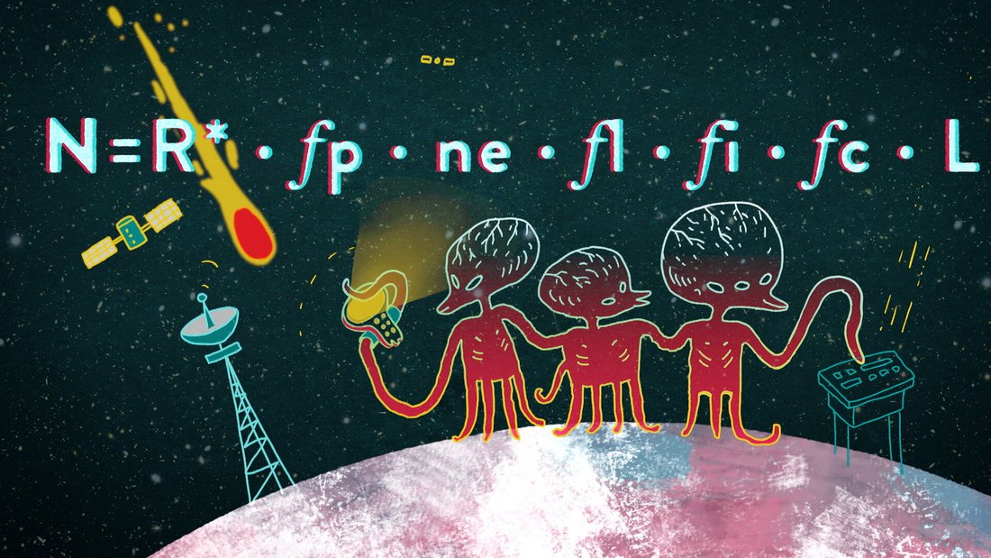 42 - The answer to almost everything - Still - Three red alien creatures standing on the surface of a planet with science equipment in their hand and an inexplicable formula written above their head.