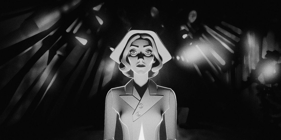 Angst - Still - An animated tidy woman looking emotionless at the camera in black and white..
