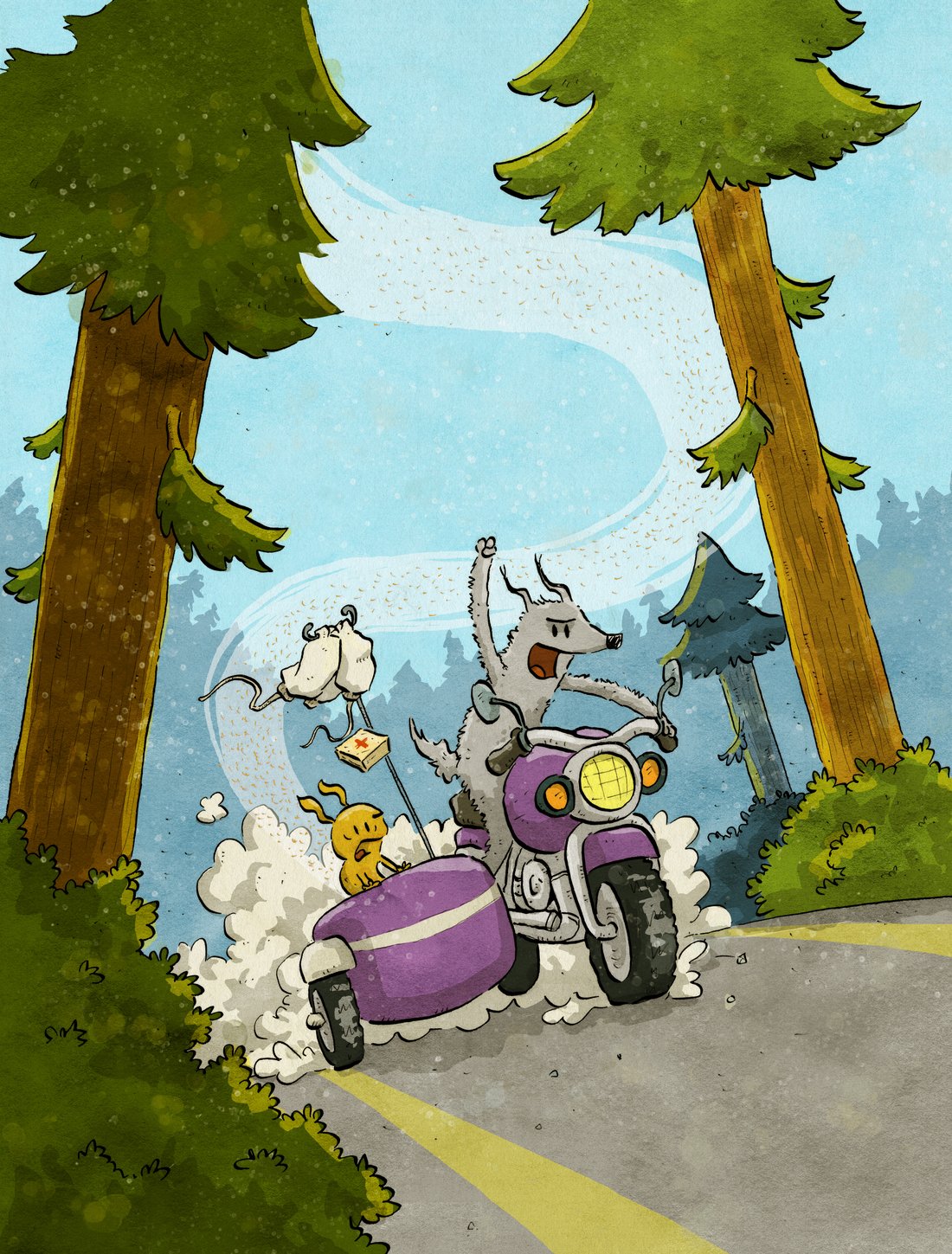 Roadtrip - Still - An animated excited wolf driving a motorcycle through a forest road with a scared rabbit as passenger.