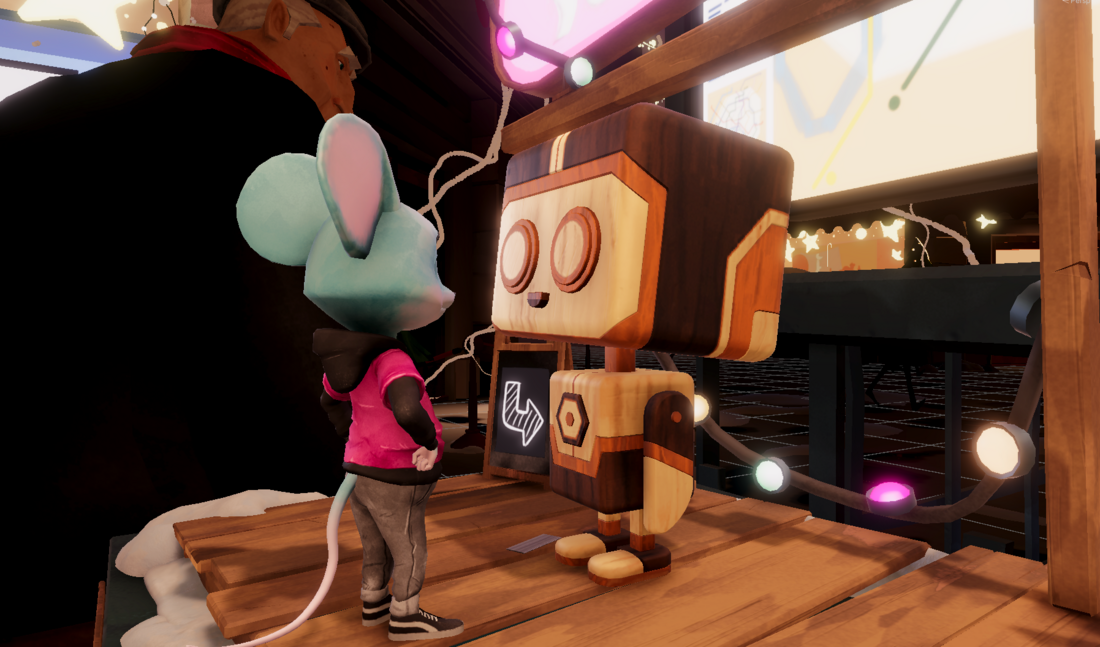 A mouse wearing clothes talking to a robot with a block head.