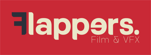 The writing Flappers Film and vfx in a dark blue color on a red background