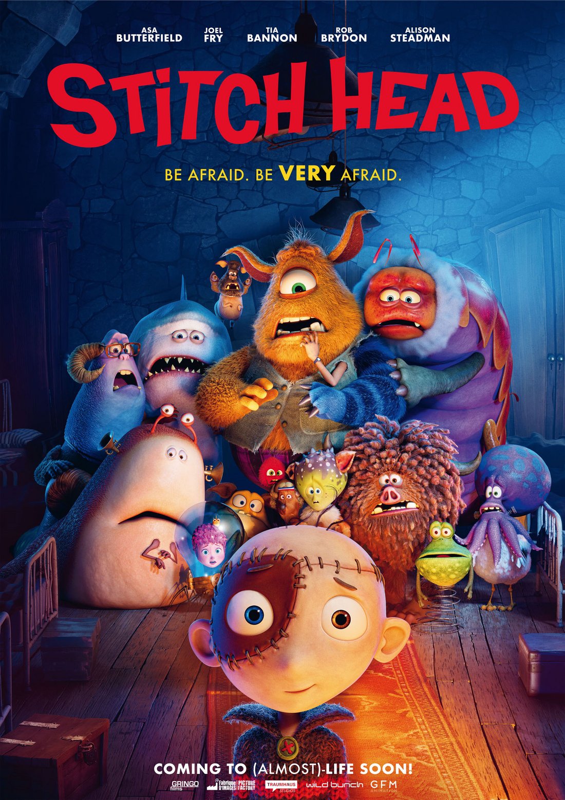 Poster for Stitchhead - The titular character in front with many different colourful monsters being scared of him in the background.