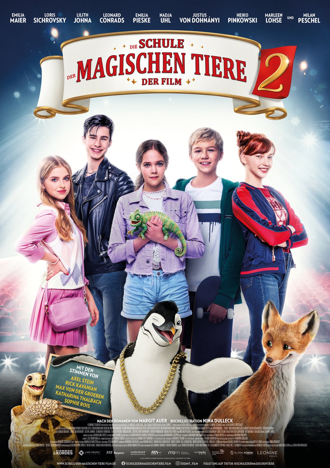 School Of Magical Animals 2 - Poster - A group of friends posing for the camera with their animated talking animal friends like a penguin, fox, and turtle around them.