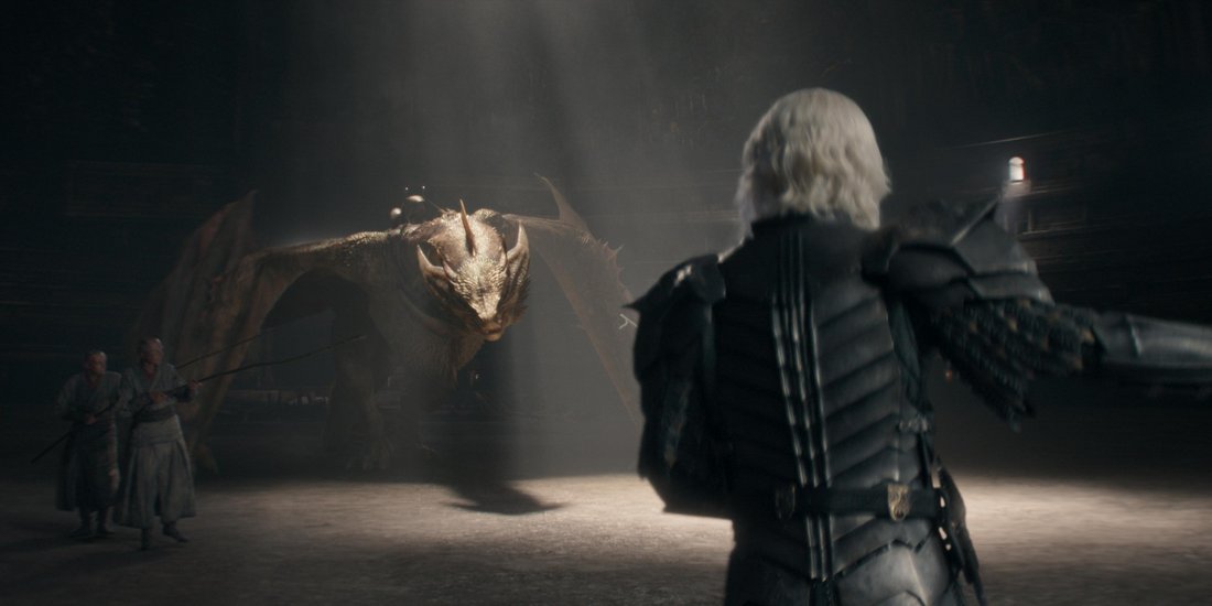 PXO provided visualisation, virtual production and VFX across House of the Dragon, Season 2. The still shows a knight facing a dragon.
