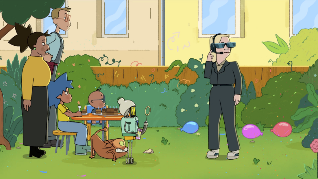 Neon & Bor - Still - A female agent with a headset and sunglasses on crashing what seems to be a garden birthday party of a child who has a small robot as companion.