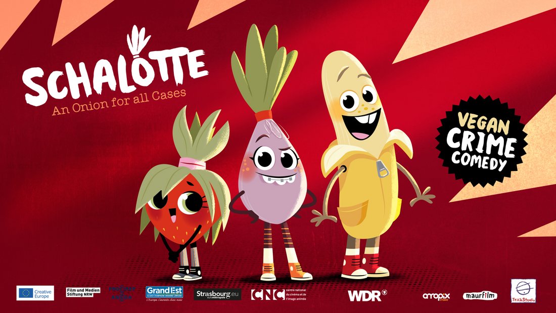 Three friends, cartoony style: Schalotte - an onion, SPLIT - a banana and LILLY - a strawberry