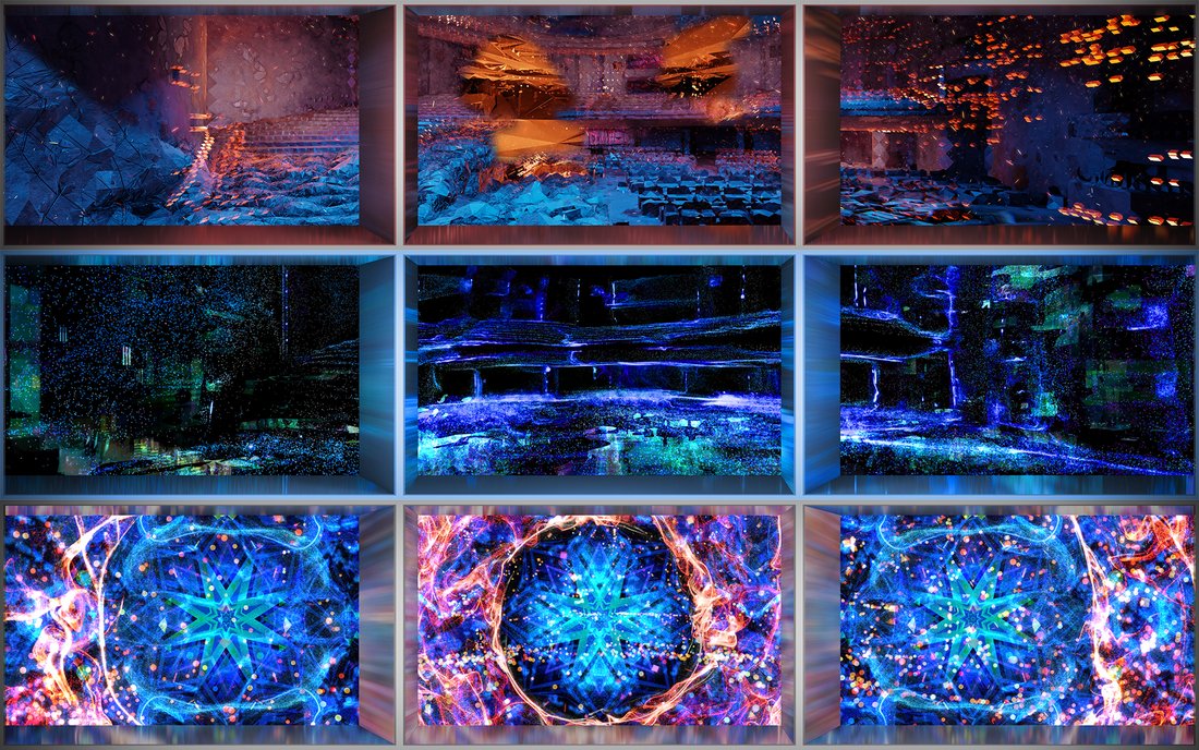 Abstract representations of a concert hall depicted in three styles.