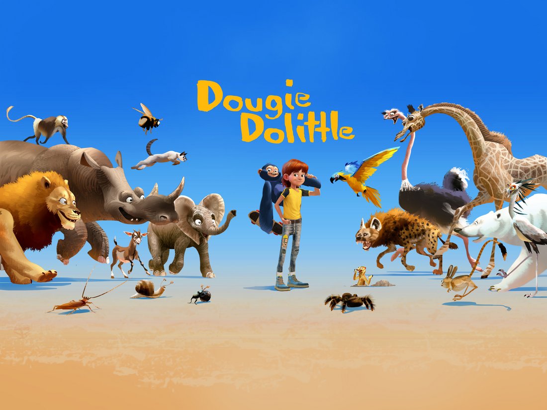 Animal whisperer young Dougie Dolittle surrounded by many African animals.
