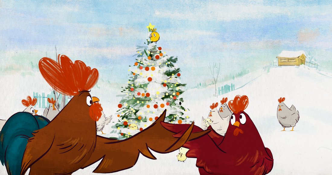 Animals' Christmas - Still - An animated roosted and hen holding hands in front of a christmas tree.