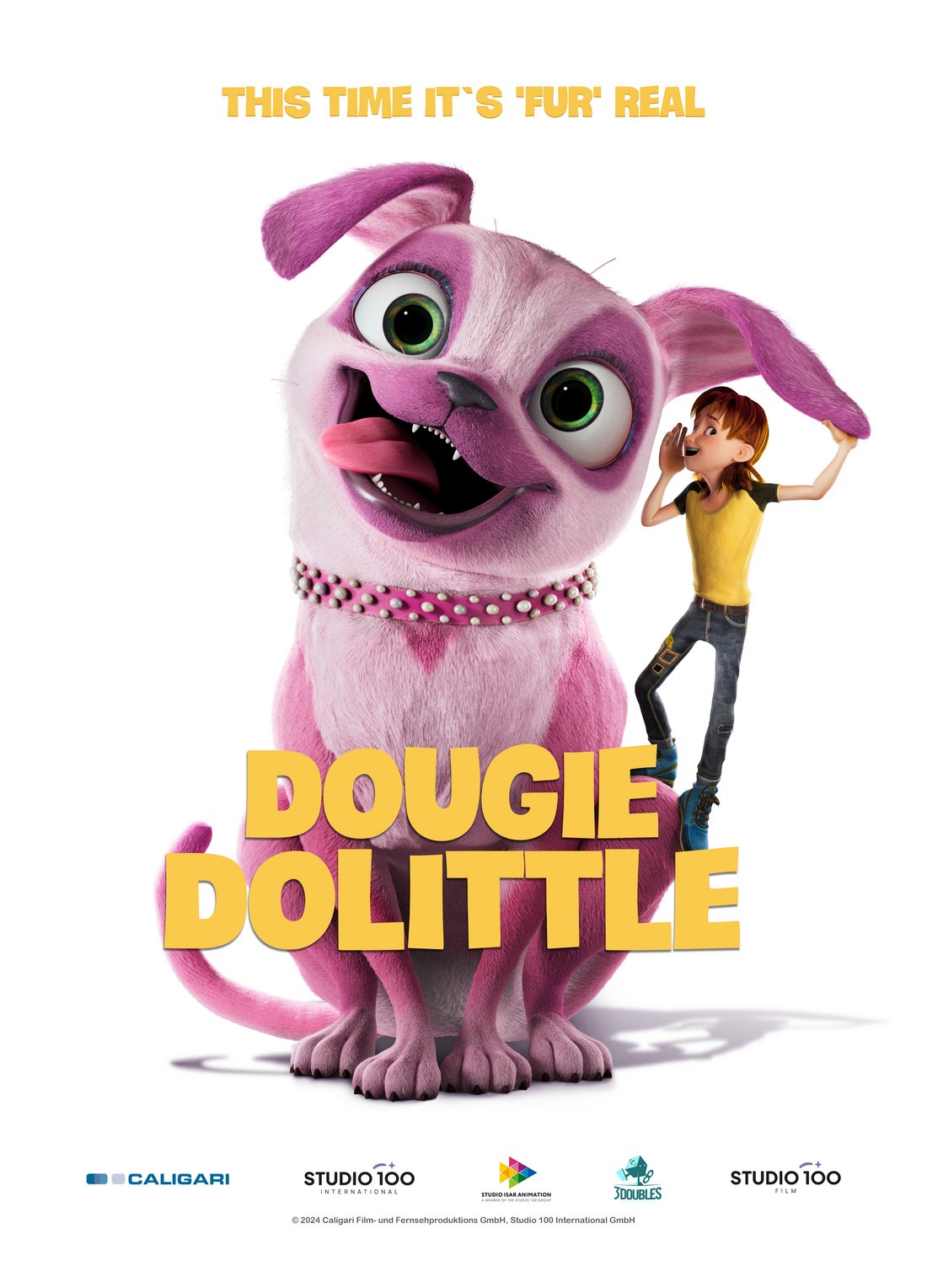 Young boy Dougie Dolittle talking into the ear of a huge pink dog.