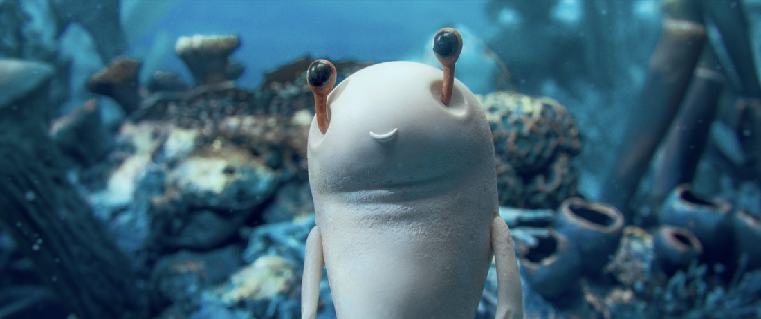 A stop-motion fish with snail like eyes standing in an underwater world.