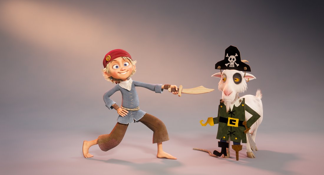 Girl pirate with wooden sword versus goat in pirate costume.