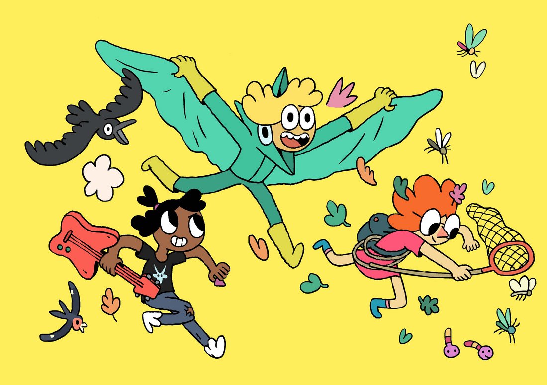 It is a very colorful image of three girls and some birds, bees and leaves around them.