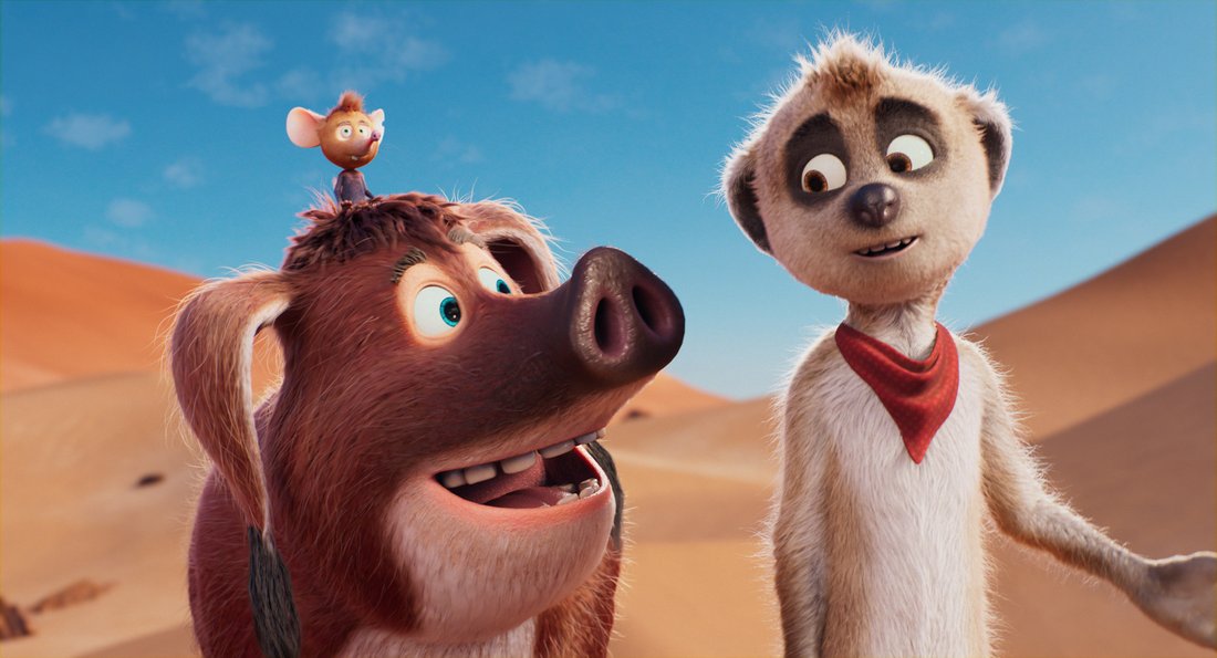 Meerkat TAFITI next to bush pig BRISTLES and mouse MKONGA walking through the desert.