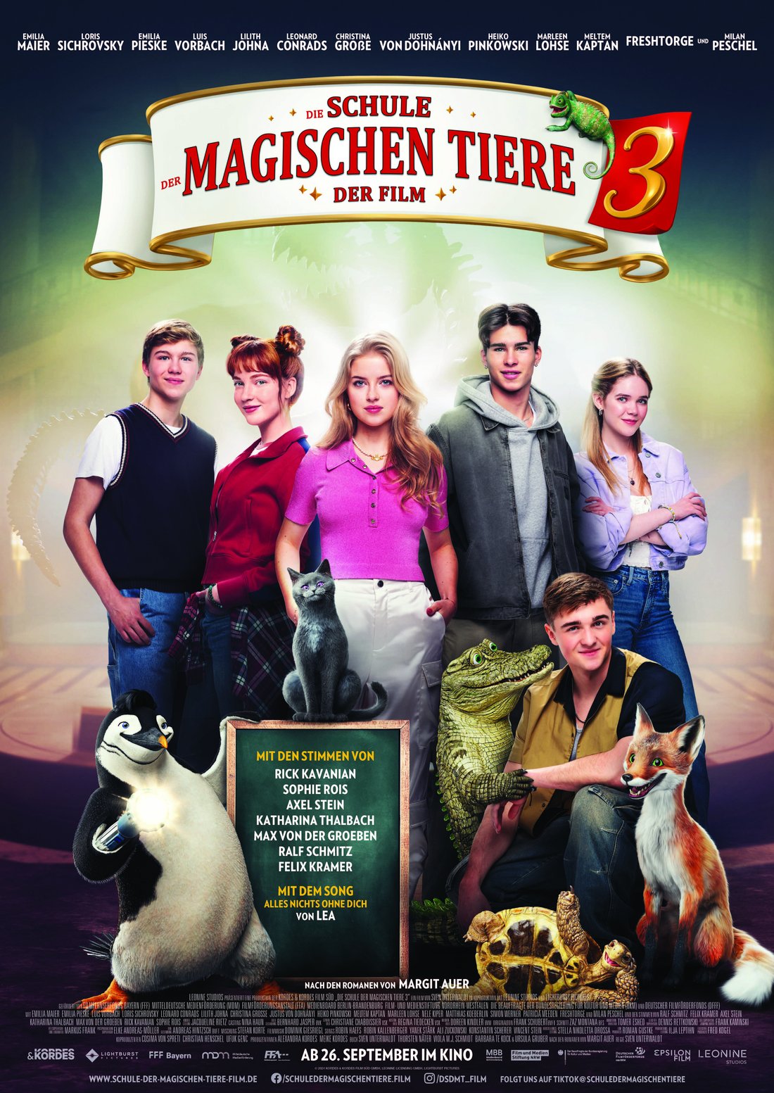 School Of Magical Animals 3 - Poster - A group of friends posing for the camera with their animated talking animal friends like a penguin, fox, turtle, crocodile and cat around them.