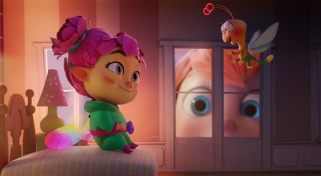 Tiny fairy smiles on bed as bug and child watch.