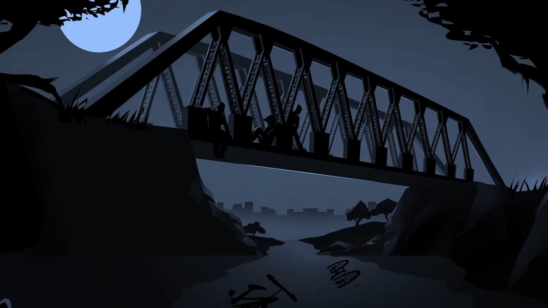 Monoton - Still - Shadowy figures sitting on a bridge at night enlighted by the full moon.