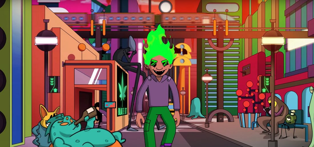 Shots - Still - An animated boy with neon green fire hair strolling through an abstract colourful city.