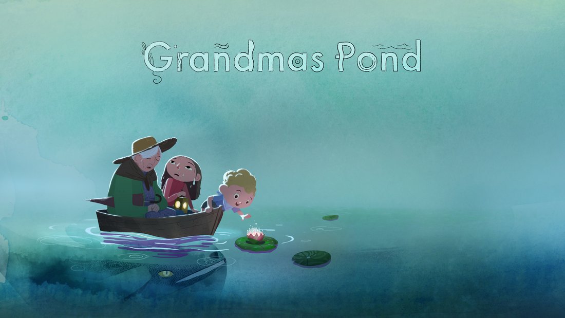 A grandma and two kids on a tiny bark on a Pond. It is a rainy and foggy day. The mood is eery.
