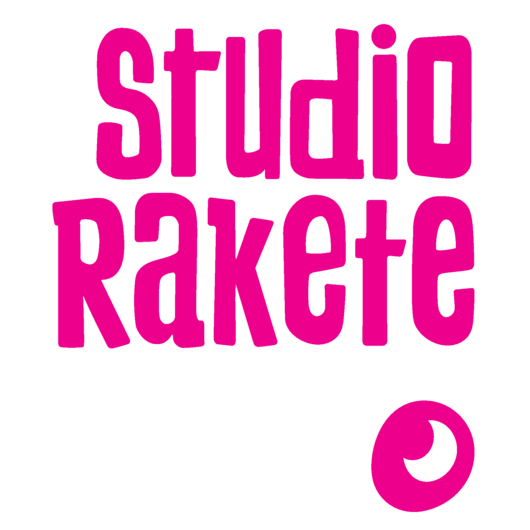 Logo Studio Rakete in pink Letters with a white moon in a pink circle below.