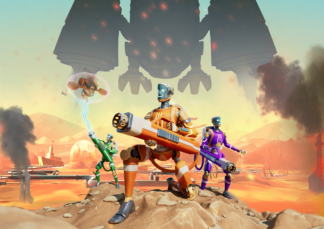 Green Guardians VR - Still - A team of colourful robots fighting in a desert environment with a huge spaceship in the valley behind them.