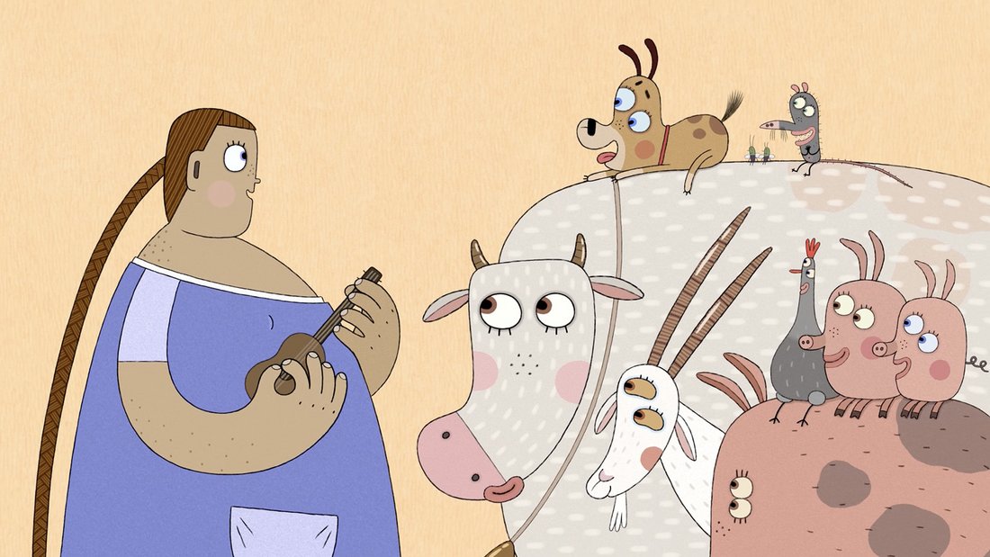 Lena with her guitar and all her animals.