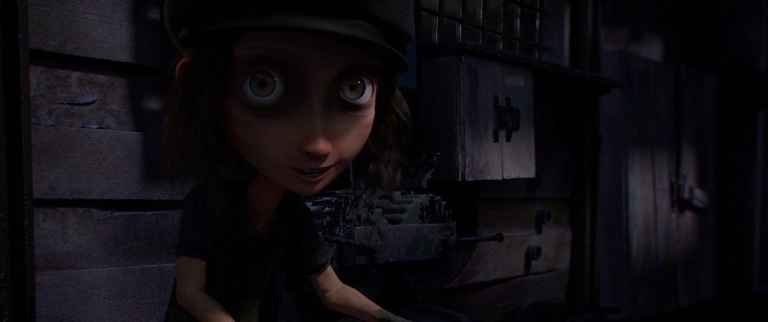 The hero Lizbeth- a young girl- in a dark interior environment