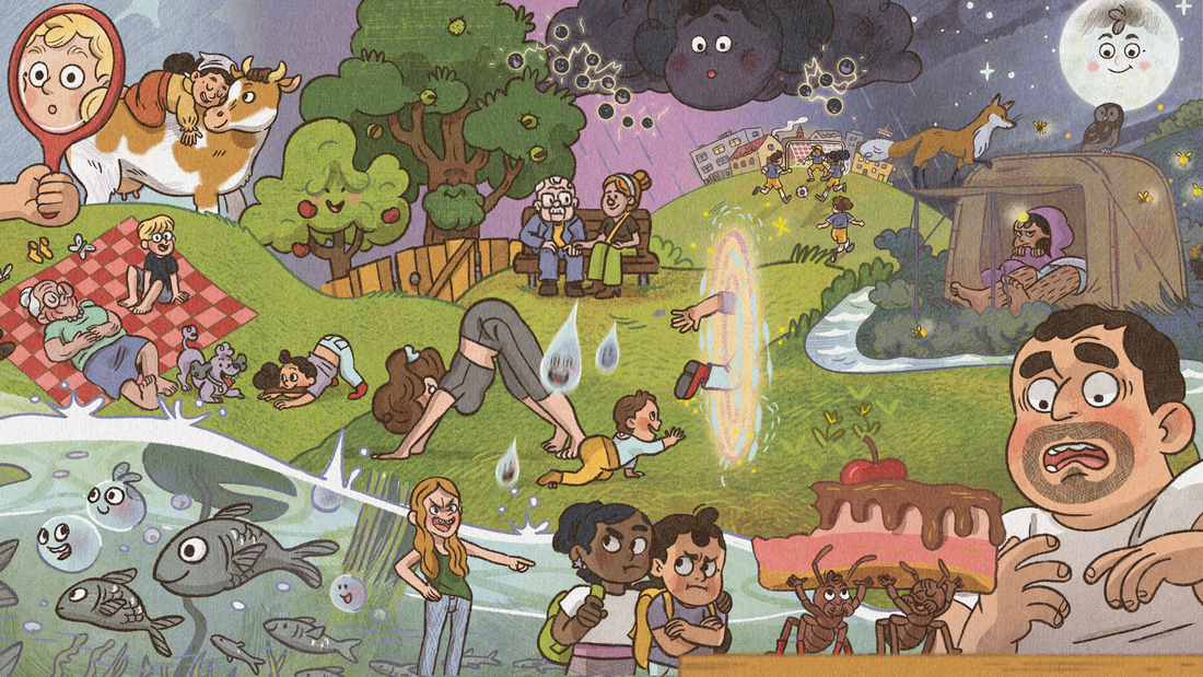 Switching Selma - Still - An animated chaotic world depicting different slices of life like a picnic in a park, girls being bullied or ants stealing a birthday cake.