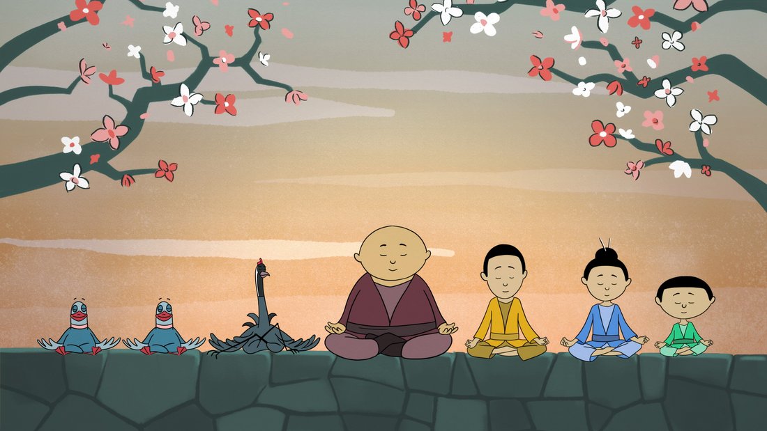 Kung Fu - Still - An animated monk with his three young desciples, two pigeons and a crane sitting and meditating on a wall.