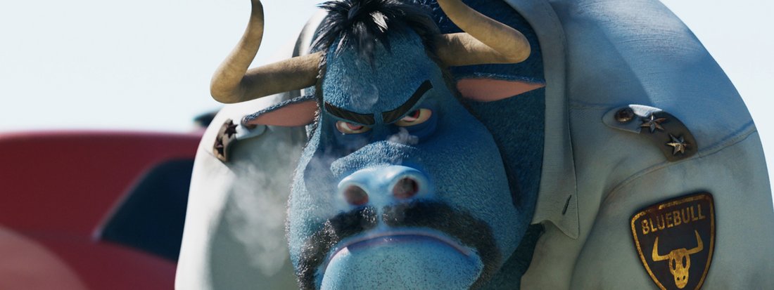 Policeman is turning into a blue raging comic style bull.