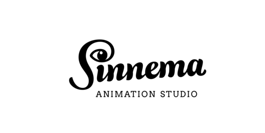 The word Sinnema with the S being portrait as cinematic eye. White background with black letters