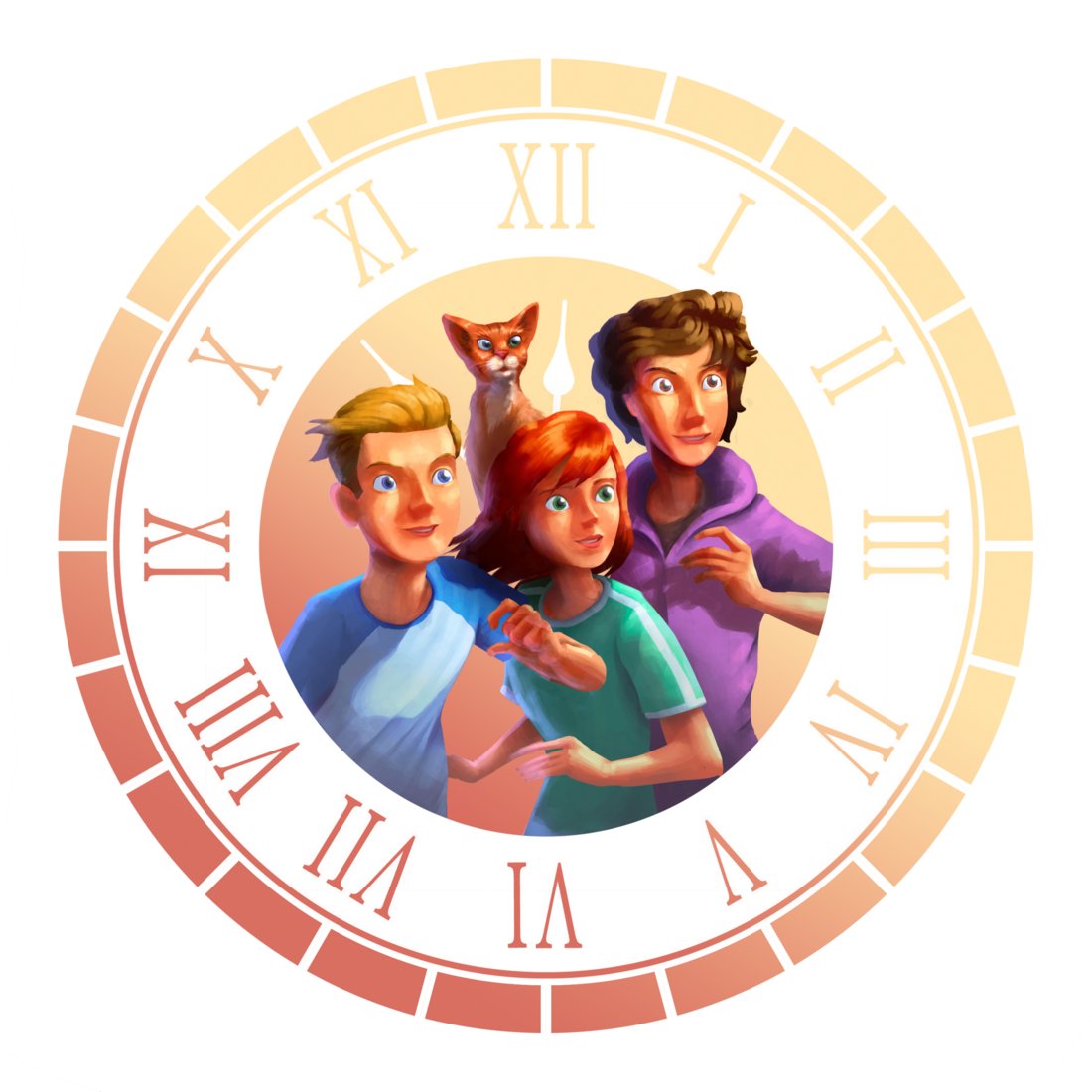 Three kids and a cat within a watch dial. 