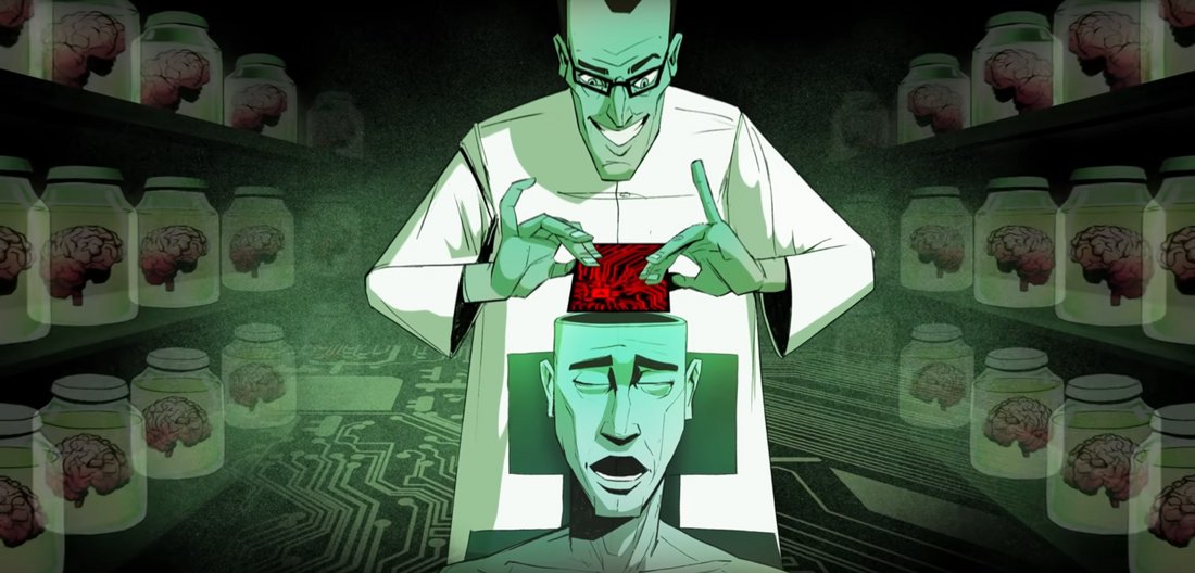 Zombiemodus - Still - An animated mad scientist replacing the brain of his subject with a hard drive.