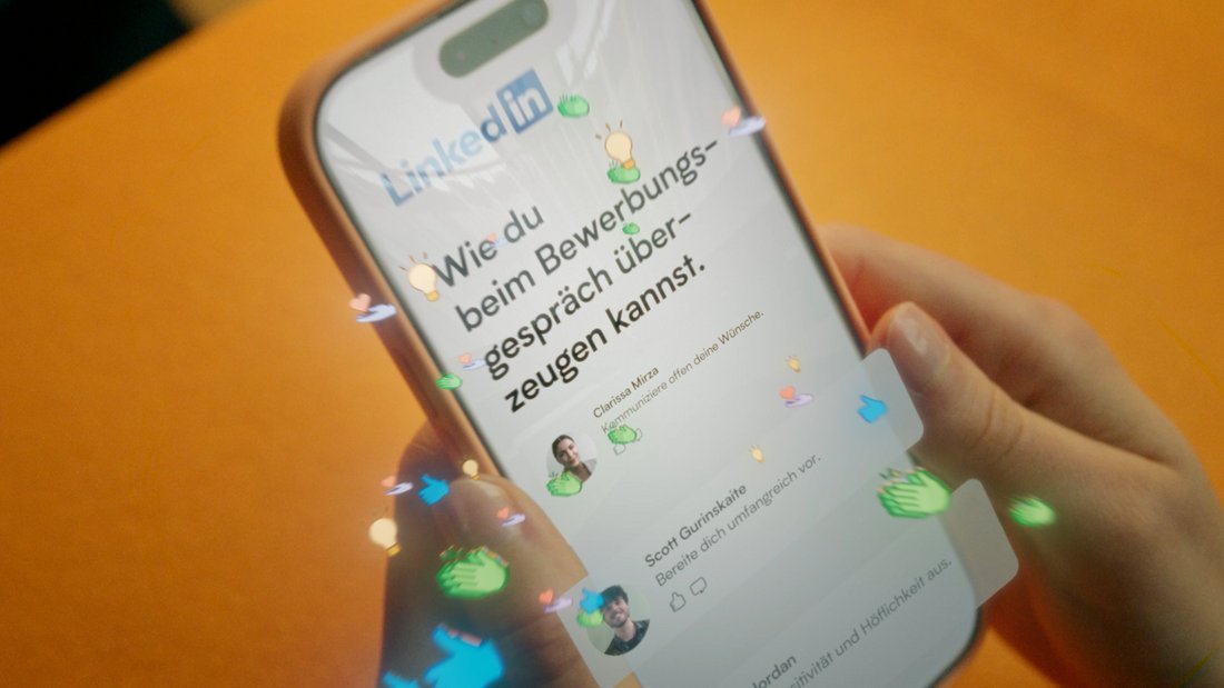 Commercial for LinkedIn showing a feed on a mobile phone giving tips on how to crush a job interview.